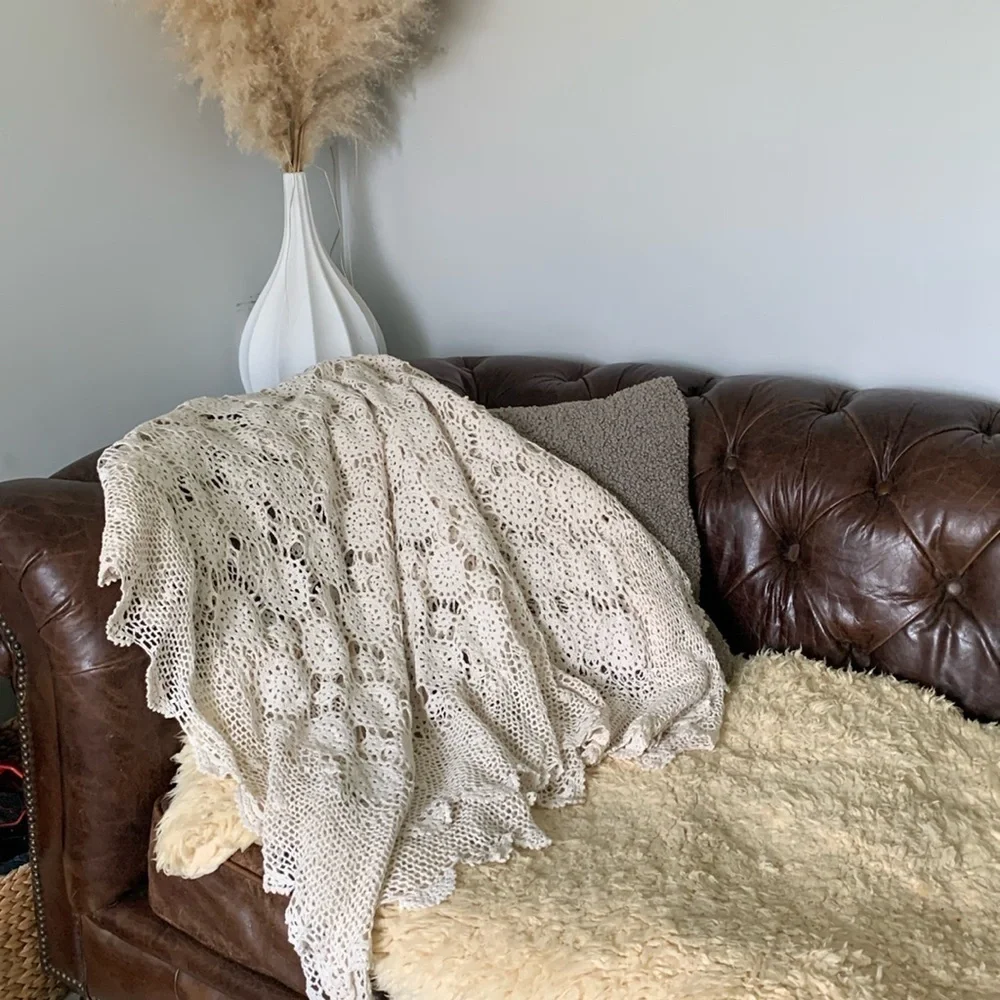 Vintage Hand Crochet Lace Bedspread Coverlet Afghan table cover blanket‎ cream